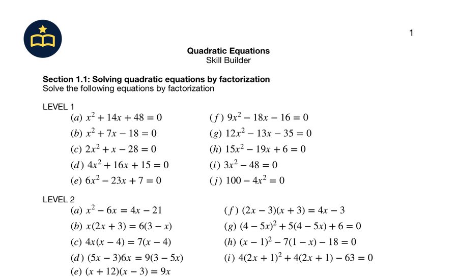 Top half of the Quadratic Equations skill builder, with Level 1 and Level 2 factorisation questions